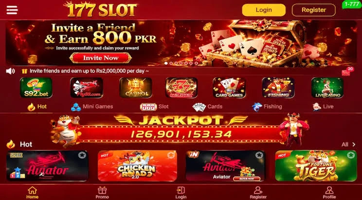177 Slot Game app dashboard showing Teen Patti, Slots, Aviator, and Dragon vs Tiger lobbies