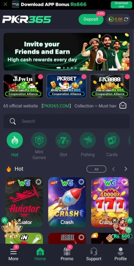 PKR365 Game download Pakistan APK main lobby showing 3 Patti, Teen Patti, and Slots