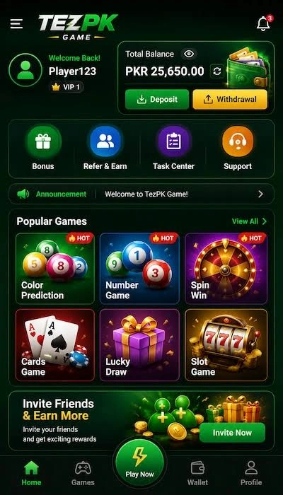 TEZPK real money earning games apk interface on a smartphone in Pakistan